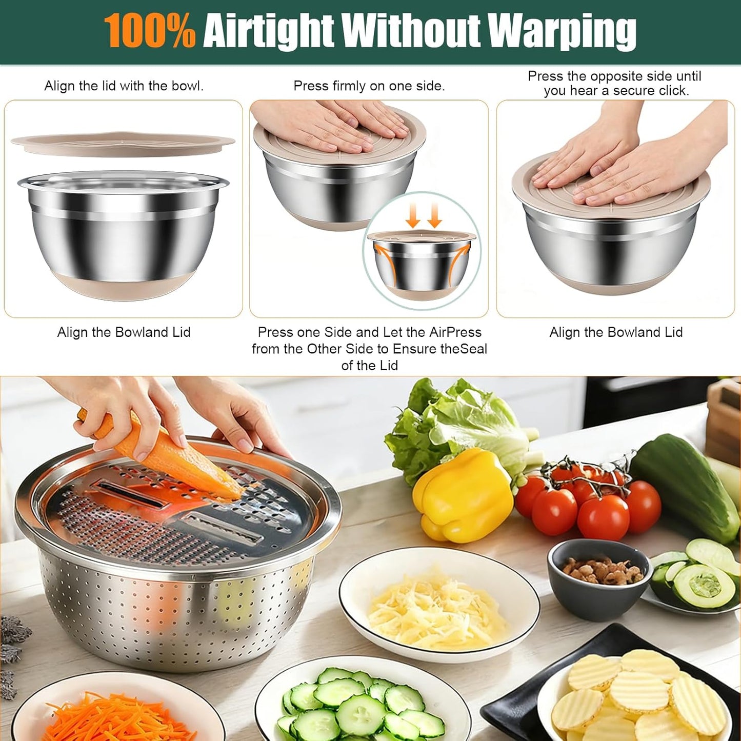 Stainless Steel Mixing Bowls Set with Lids & Silicone Base - 7-Piece Kitchen Gadgets Includes Colander, Grater, Egg Separator, Whisk - Nesting Bowls (1.5, 2, 2.5, 4.5 QT), Dishwasher Safe, Black