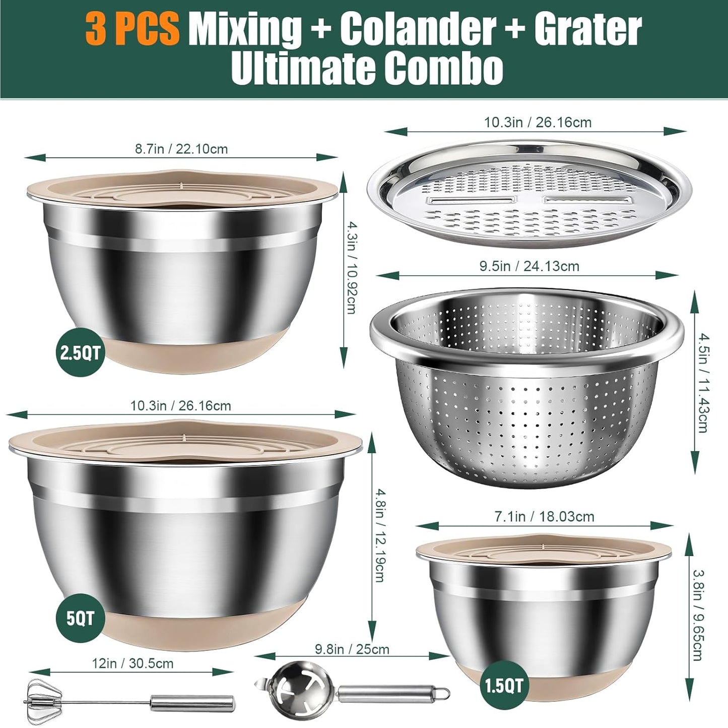 Stainless Steel Mixing Bowls Set with Lids & Silicone Base - 7-Piece Kitchen Gadgets Includes Colander, Grater, Egg Separator, Whisk - Nesting Bowls (1.5, 2, 2.5, 4.5 QT), Dishwasher Safe, Black
