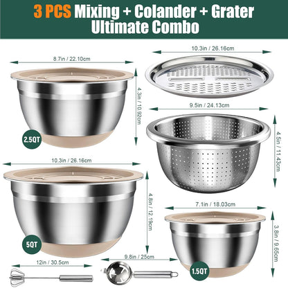 Stainless Steel Mixing Bowls Set with Lids & Silicone Base - 7-Piece Kitchen Gadgets Includes Colander, Grater, Egg Separator, Whisk - Nesting Bowls (1.5, 2, 2.5, 4.5 QT), Dishwasher Safe, Black