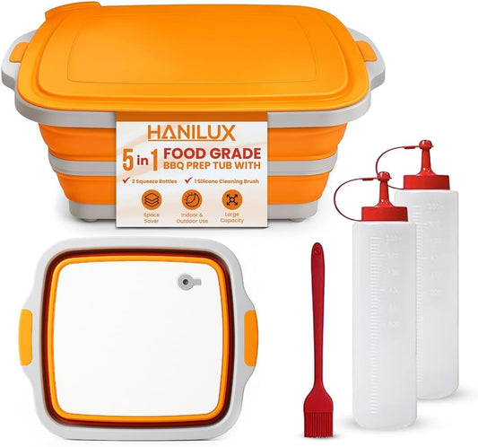Collapsible BBQ Prep Tub With Lid, (8L) Meat Prep, Marinating Food Storage Container, Multi-Function Grill Caddy W/Bulit-In Colander, 2 Squeeze Bottles1 Silicone Brush for Picnic- Camping