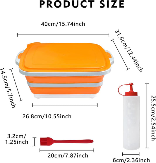 Collapsible BBQ Prep Tub With Lid, (8L) Meat Prep, Marinating Food Storage Container, Multi-Function Grill Caddy W/Bulit-In Colander, 2 Squeeze Bottles1 Silicone Brush for Picnic- Camping