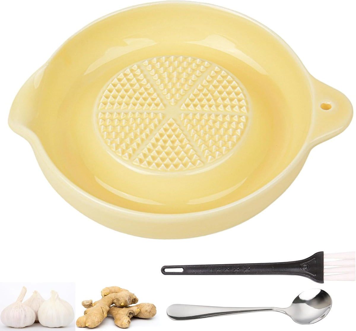 Ceramic Grater,Ceramic Ginger Grater,Garlic Grater,Ginger Grater,Spice Grater,Nutmeg Grater Made of Ceramic for Ginger,Garlic,Nutmeg,Celery,Carrots,Wasabi,With Brush+Spoon,Diameter 9cm (Yellow)