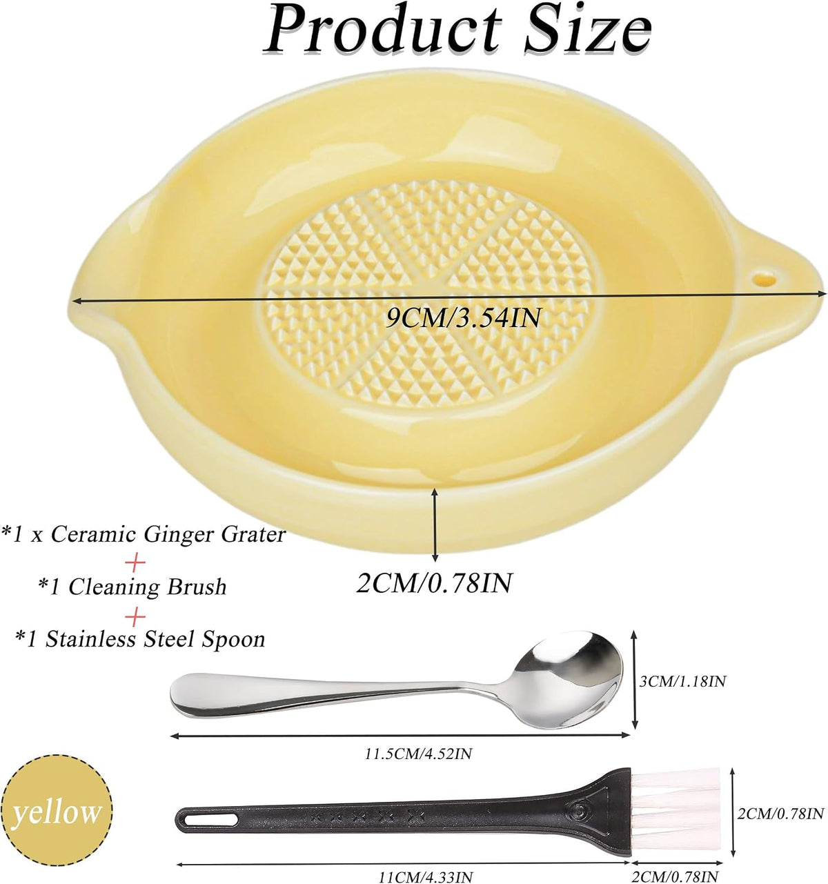Ceramic Grater,Ceramic Ginger Grater,Garlic Grater,Ginger Grater,Spice Grater,Nutmeg Grater Made of Ceramic for Ginger,Garlic,Nutmeg,Celery,Carrots,Wasabi,With Brush+Spoon,Diameter 9cm (Yellow)