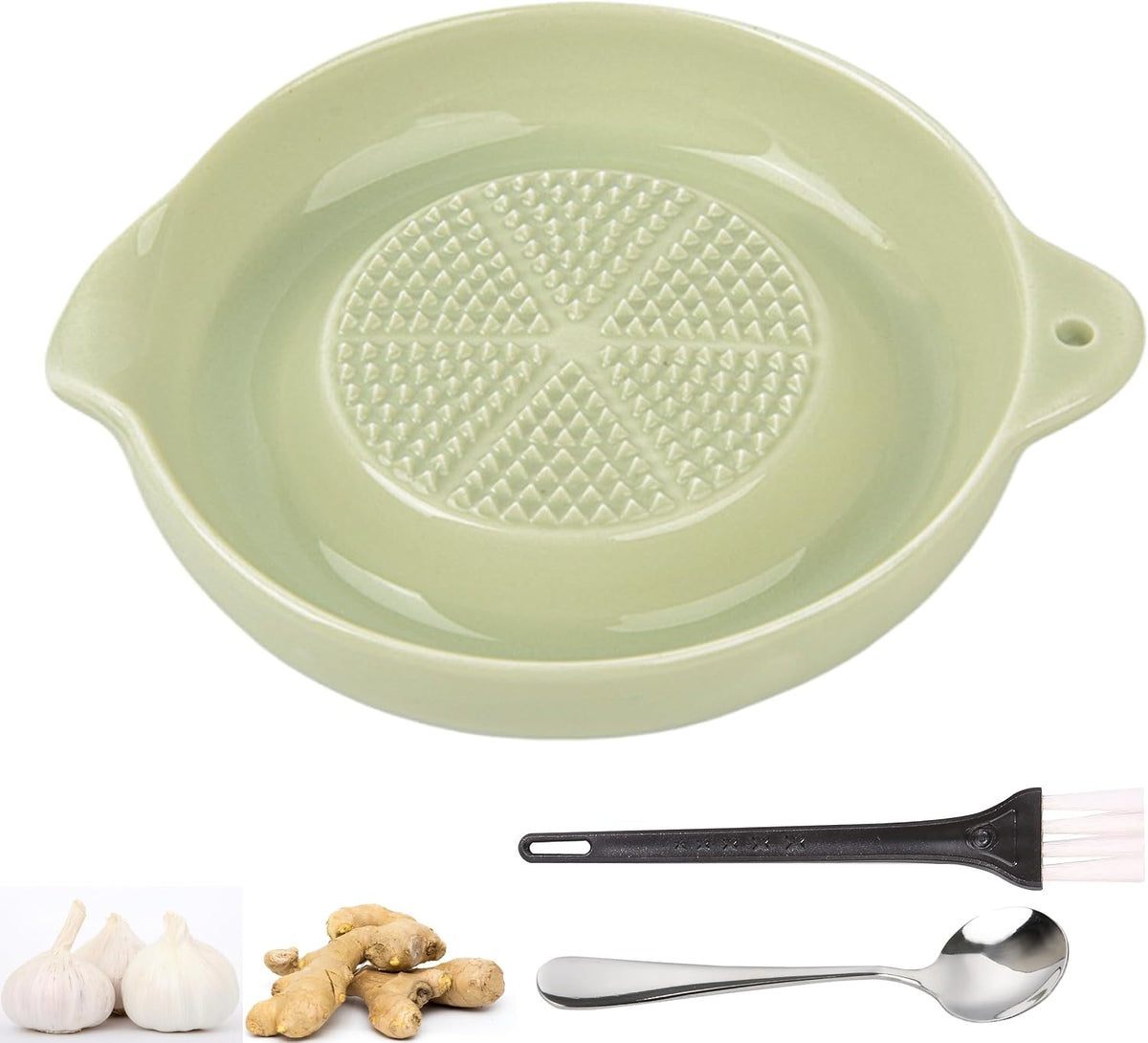 Ceramic Grater,Ceramic Ginger Grater,Garlic Grater,Ginger Grater,Spice Grater,Nutmeg Grater Made of Ceramic for Ginger,Garlic,Nutmeg,Celery,Carrots,Wasabi,With Brush+Spoon,Diameter 9cm (Yellow)