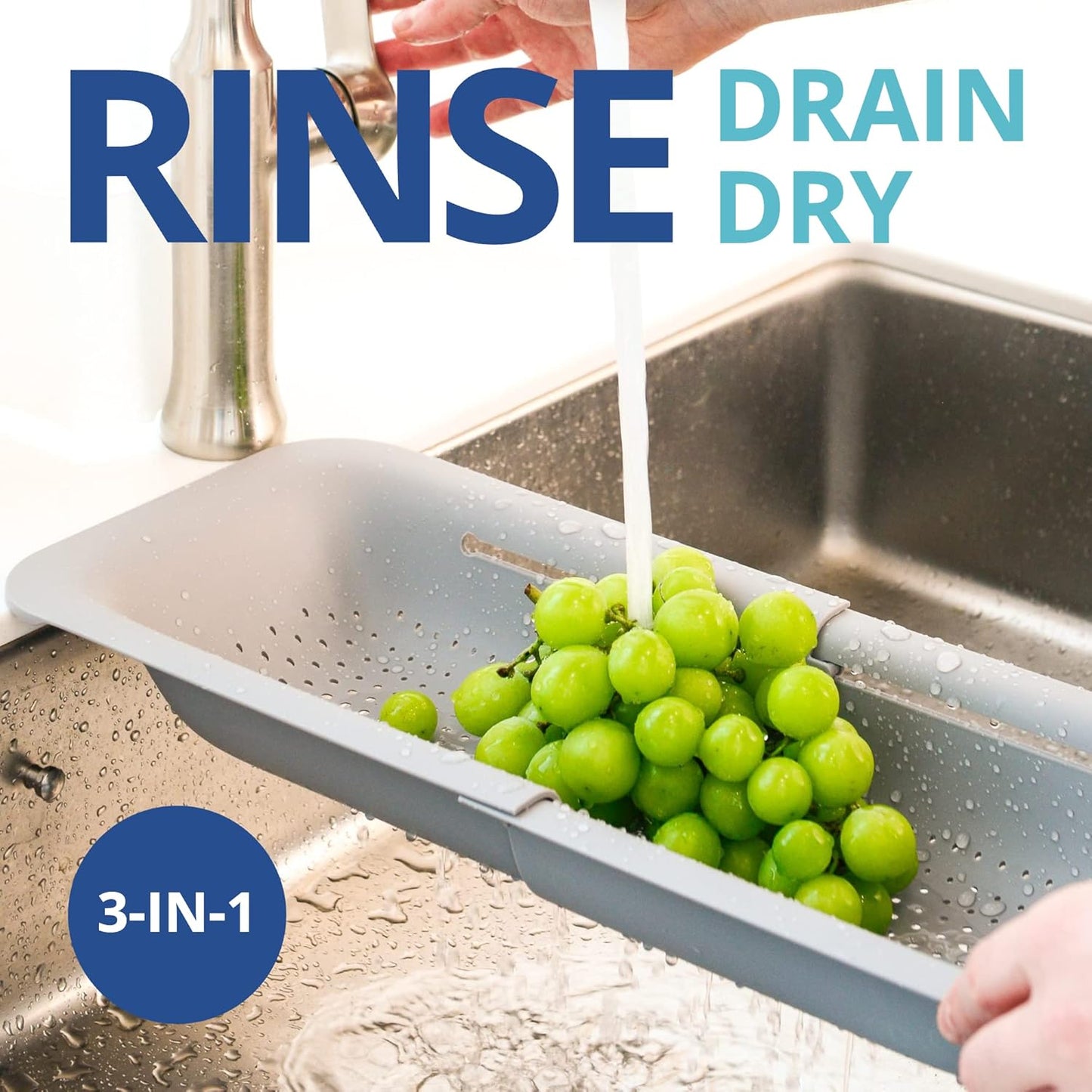 Over Sink Colander, Extendable Kitchen Strainer, Grey | Fits Most Sinks. Rinse, Drain and Dry with Ease.