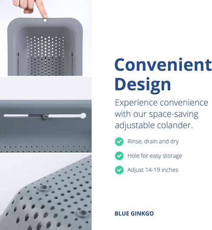 Over Sink Colander, Extendable Kitchen Strainer, Grey | Fits Most Sinks. Rinse, Drain and Dry with Ease.