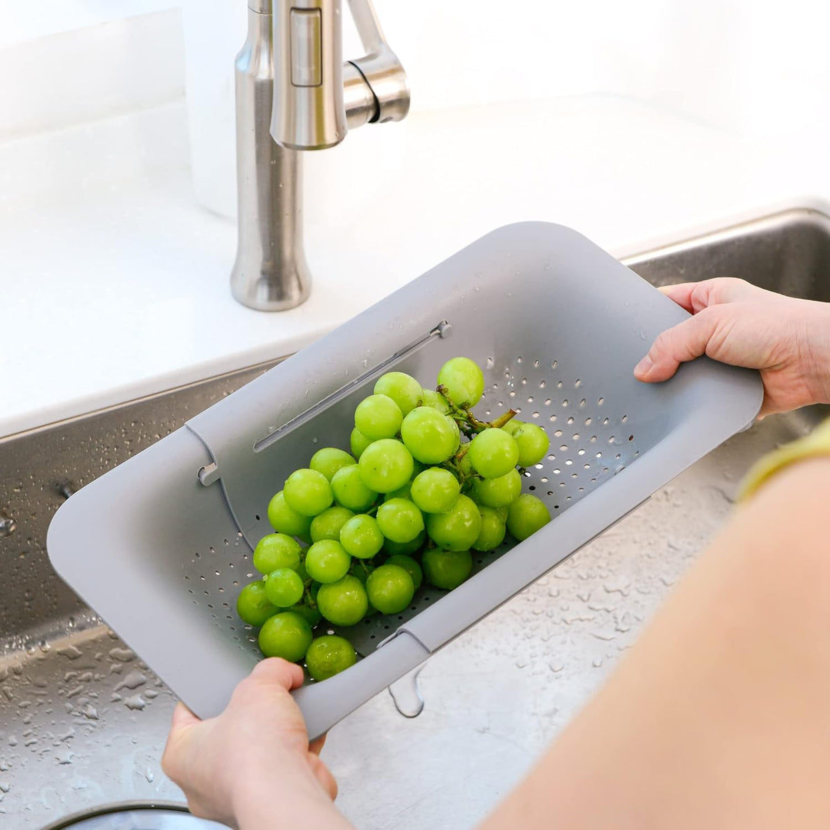 Over Sink Colander, Extendable Kitchen Strainer, Grey | Fits Most Sinks. Rinse, Drain and Dry with Ease.