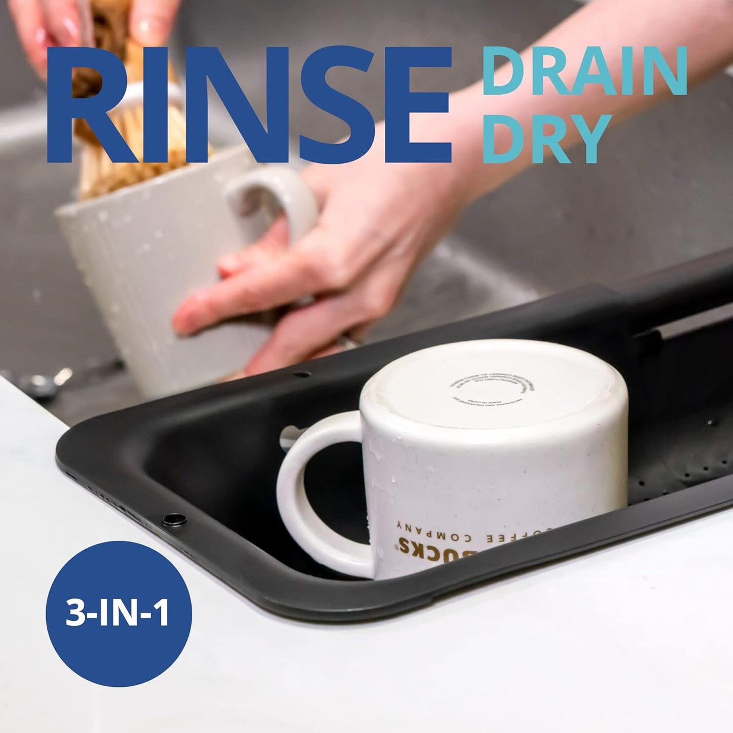 Over Sink Colander, Extendable Kitchen Strainer, Grey | Fits Most Sinks. Rinse, Drain and Dry with Ease.
