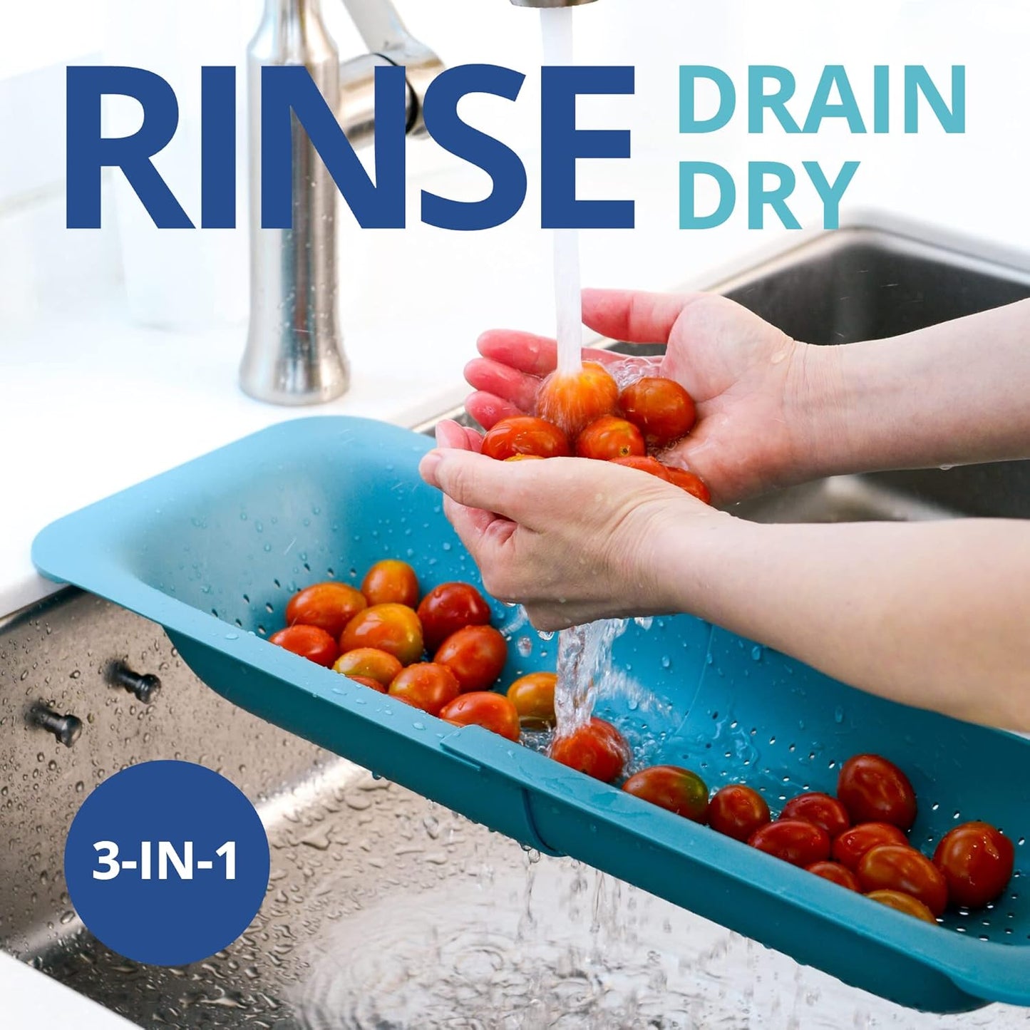 Over Sink Colander, Extendable Kitchen Strainer, Grey | Fits Most Sinks. Rinse, Drain and Dry with Ease.
