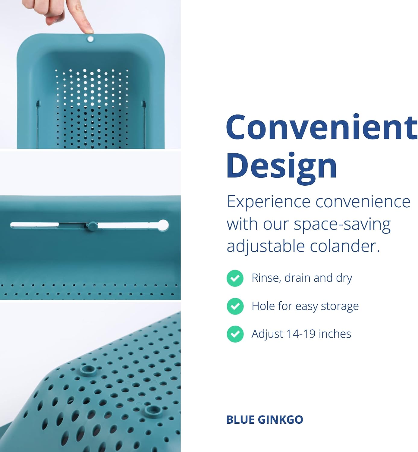 Over Sink Colander, Extendable Kitchen Strainer, Grey | Fits Most Sinks. Rinse, Drain and Dry with Ease.