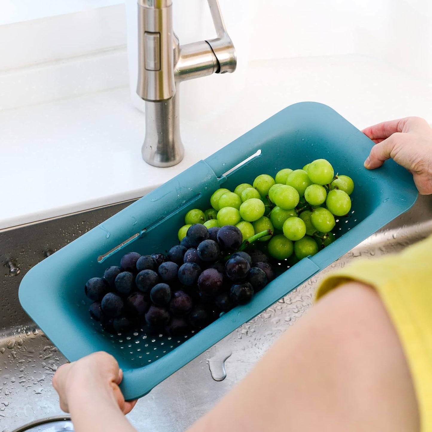 Over Sink Colander, Extendable Kitchen Strainer, Grey | Fits Most Sinks. Rinse, Drain and Dry with Ease.