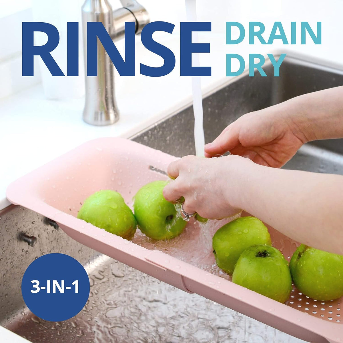 Over Sink Colander, Extendable Kitchen Strainer, Grey | Fits Most Sinks. Rinse, Drain and Dry with Ease.