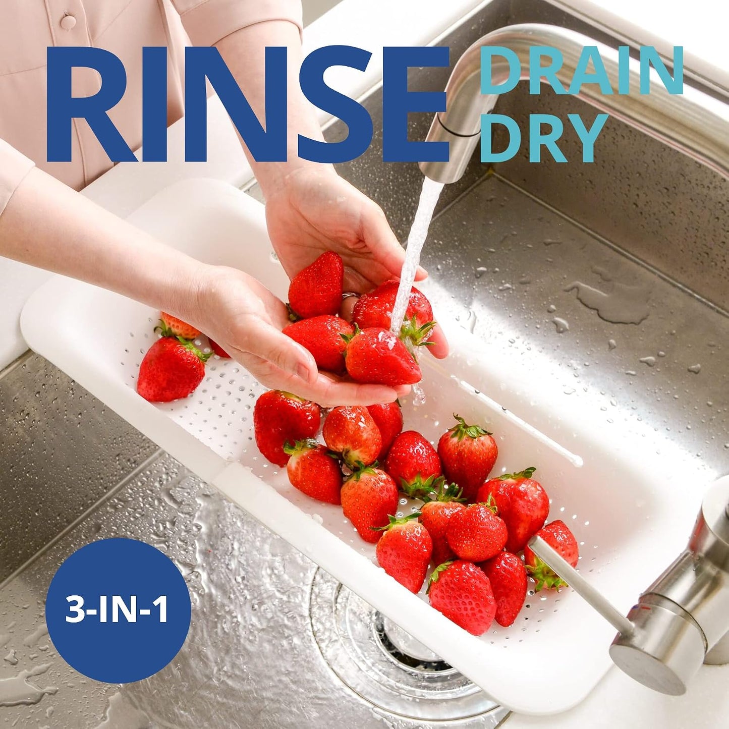 Over Sink Colander, Extendable Kitchen Strainer, Grey | Fits Most Sinks. Rinse, Drain and Dry with Ease.