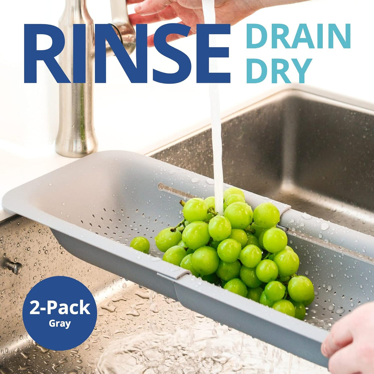 Over Sink Colander, Extendable Kitchen Strainer, Grey | Fits Most Sinks. Rinse, Drain and Dry with Ease.