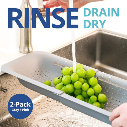 Over Sink Colander, Extendable Kitchen Strainer, Grey | Fits Most Sinks. Rinse, Drain and Dry with Ease.