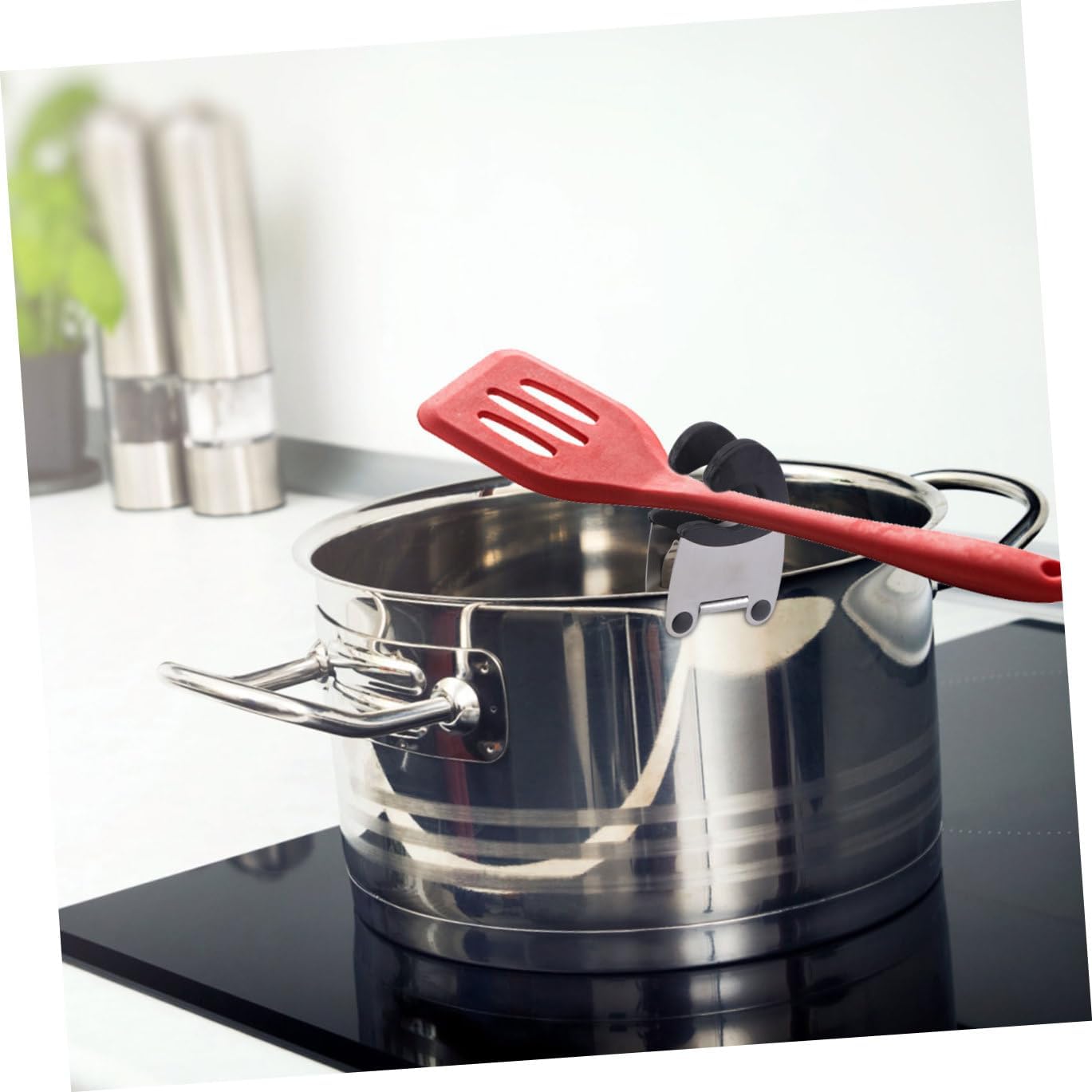 6Pcs Pot Clip Spoon Rest, Stainless Steel & Rubber, Compact, Black, Kitchen Utensil Rest, Anti- Scald, Tabletop, 7.8 x 5.1 x 4.5 cm