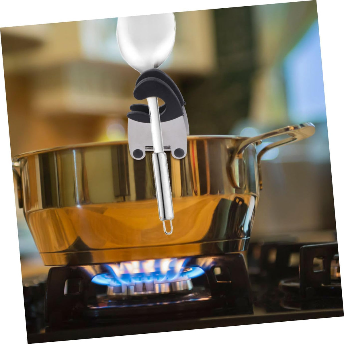 6Pcs Pot Clip Spoon Rest, Stainless Steel & Rubber, Compact, Black, Kitchen Utensil Rest, Anti- Scald, Tabletop, 7.8 x 5.1 x 4.5 cm