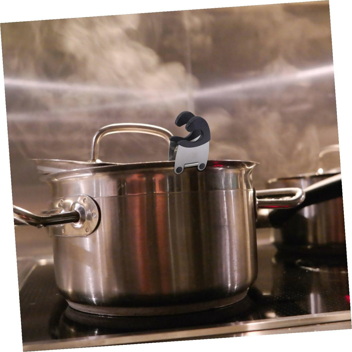 6Pcs Pot Clip Spoon Rest, Stainless Steel & Rubber, Compact, Black, Kitchen Utensil Rest, Anti- Scald, Tabletop, 7.8 x 5.1 x 4.5 cm
