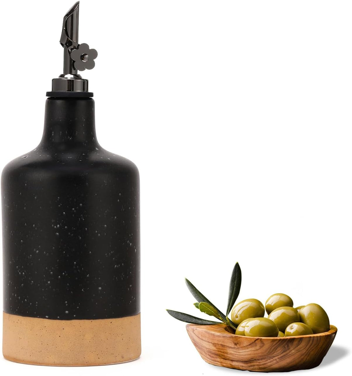 HOMCDALY Ceramic Olive Oil Dispenser Bottle, 16oz Oil Dispenser Bottle for Kitchen, Cooking Oil Dispenser, Kitchen Dispenser for Oil Vinegar Syrups(Black&Brown
