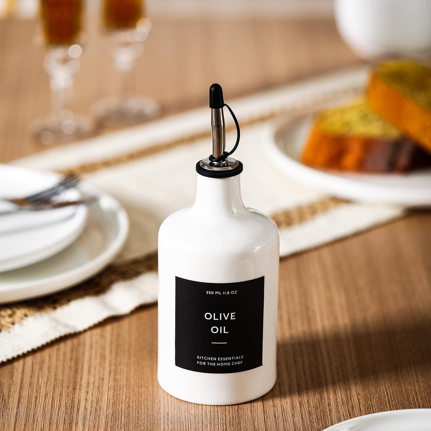 HOMCDALY Ceramic Olive Oil Dispenser Bottle, 16oz Oil Dispenser Bottle for Kitchen, Cooking Oil Dispenser, Kitchen Dispenser for Oil Vinegar Syrups(Black&Brown