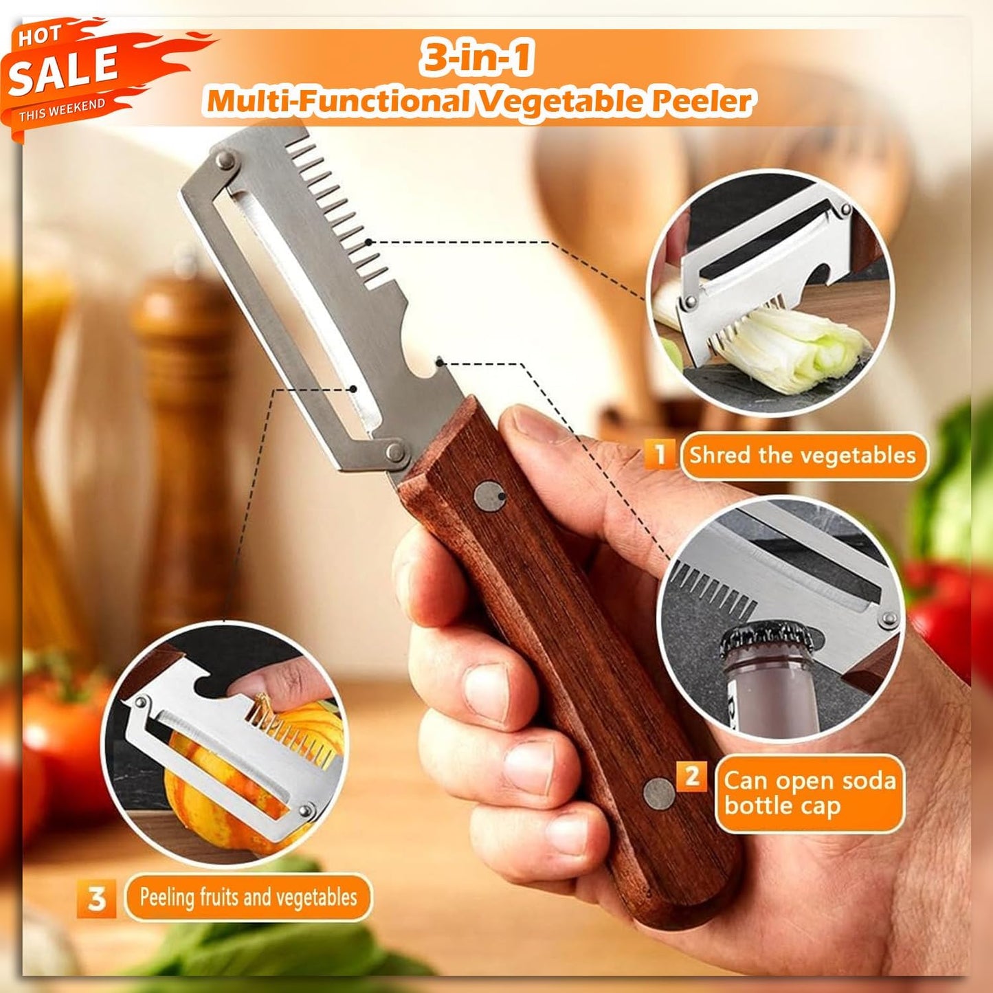 2PCS Multifunctional Vegetable Peeler, 3-in-1 Stainless Steel Vegetable Peeler with Wooden Handle and Bottle Opener, Kitchen Gadgets for Fruit Veggie