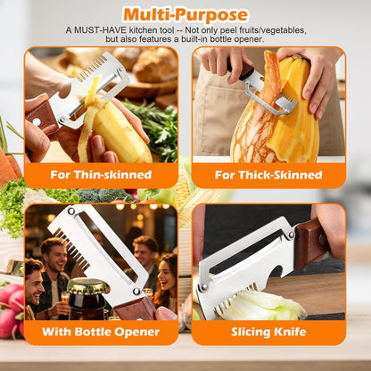 2PCS Multifunctional Vegetable Peeler, 3-in-1 Stainless Steel Vegetable Peeler with Wooden Handle and Bottle Opener, Kitchen Gadgets for Fruit Veggie