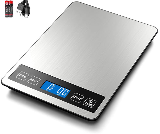 Food Scale, 22lb/0.1oz Digital Kitchen Scale - 7 Units, Tare & PCS | Rechargeable Power, Tempered Glass & Stainless Steel - Digital Food Scale Grams and Ounces for Weight Loss, Baking, Cooking