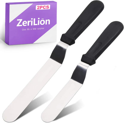 2 Pcs Offset Icing Spatula Set 6 and 8 Inch Angled Stainless Steel Cake Frosting Spatulas for Baking and Decorating Cake Smoother and Scraper Tools
