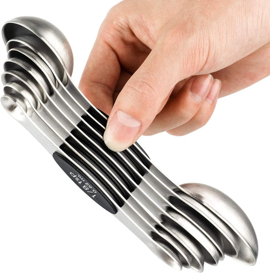 Magnetic Measuring Spoons Set of 7 Stainless Steel Dual Sided Tablespoon | Stackable Teaspoon Measure Spoon for Measuring Dry and Liquid Ingredients