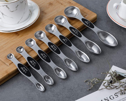Magnetic Measuring Spoons Set of 7 Stainless Steel Dual Sided Tablespoon | Stackable Teaspoon Measure Spoon for Measuring Dry and Liquid Ingredients
