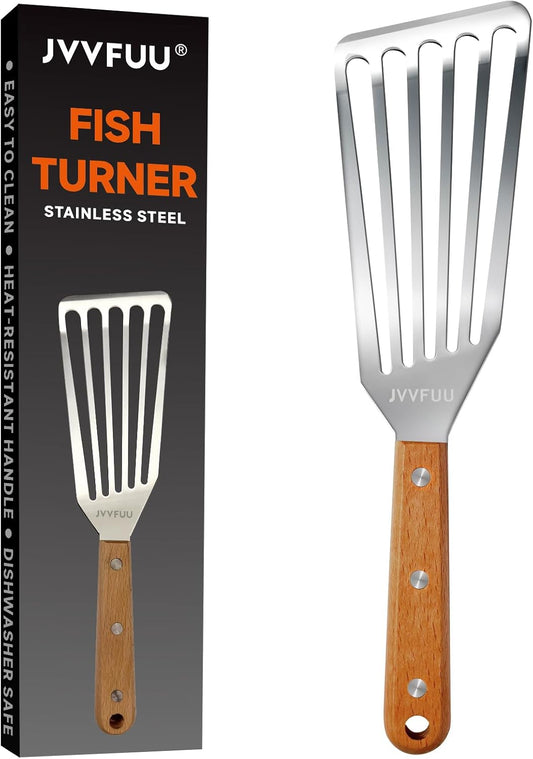 11" Stainless Steel Slotted Fish Spatula with Wood Handle | Perfect for Nonstick Pans, Grilling Salmon, Flipping Eggs & Pancakes; Heat Resistant, Easy Clean Kitchen Gadget