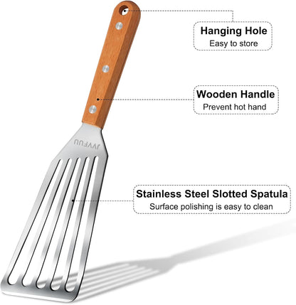 11" Stainless Steel Slotted Fish Spatula with Wood Handle | Perfect for Nonstick Pans, Grilling Salmon, Flipping Eggs & Pancakes; Heat Resistant, Easy Clean Kitchen Gadget