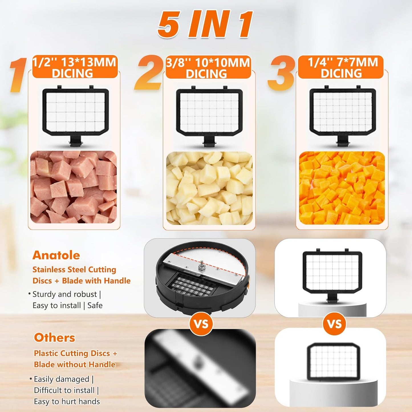 Electric Vegetable Dicer Slicer Shredder 5 in 1 Commercial Food Processor 16-Cup Stainless Steel Veggie Chopper Heavy Duty with 5 Blades Auto Discharge for Potato Onion Carrot 300W