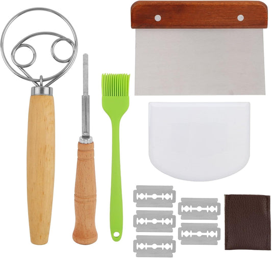 Danish Dough Whisk Set, Dough Hook, Bread Lame, Bench Scraper, Pastry Brush, Sourdough Bread Baking Tools Kit with Scoring Tool(Multicolor,Size:/)