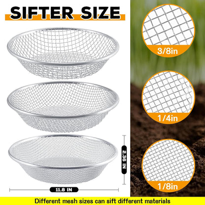3Pcs 3 Apertures Sizes Soil Sifter Sieve - Heavy Duty Galvanized Screen for Compost, Dirt, Rocks, Gravel & Garden - Fits 5 Gallon Bucket, Rust-Resistant - Composting & Sifting Tool