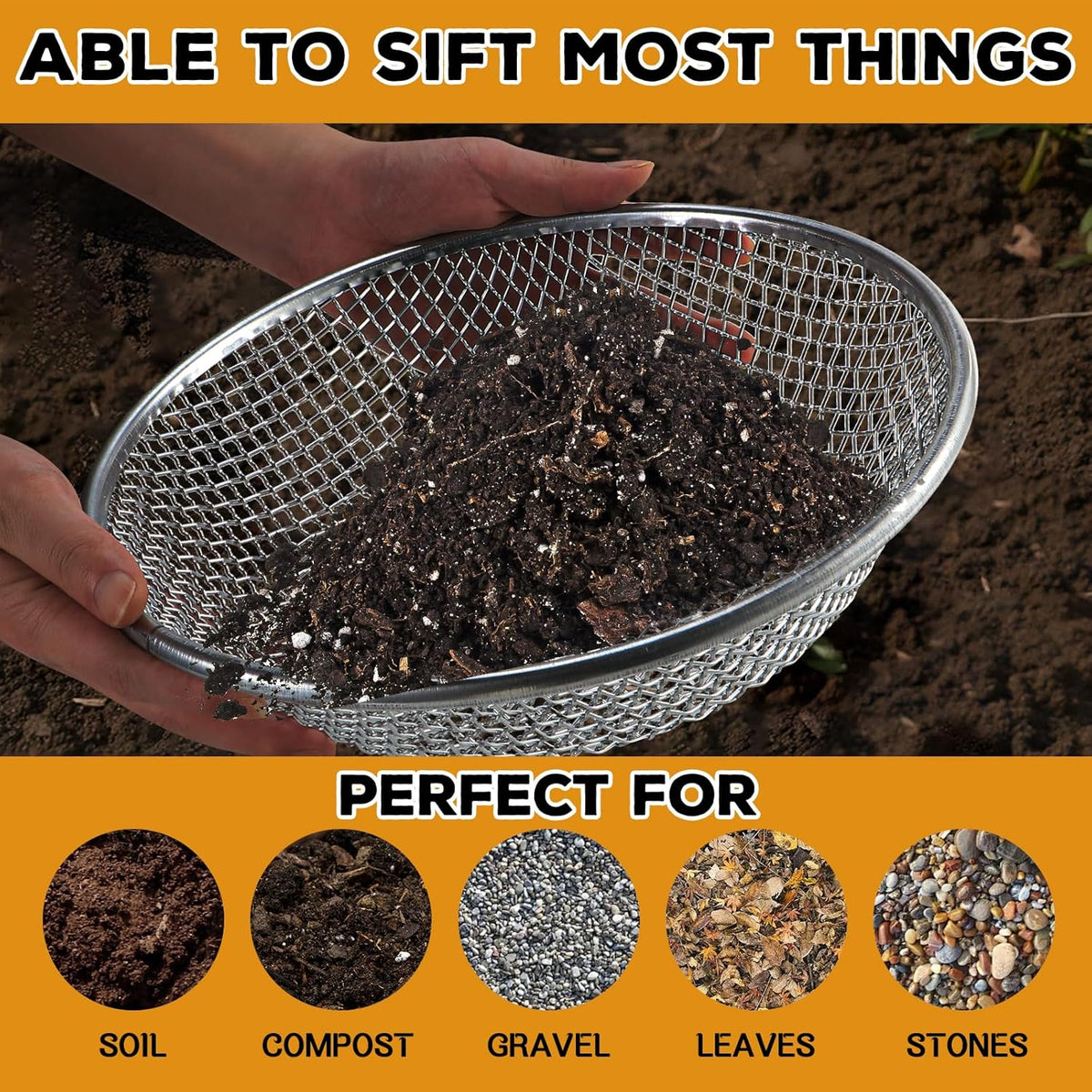 3Pcs 3 Apertures Sizes Soil Sifter Sieve - Heavy Duty Galvanized Screen for Compost, Dirt, Rocks, Gravel & Garden - Fits 5 Gallon Bucket, Rust-Resistant - Composting & Sifting Tool