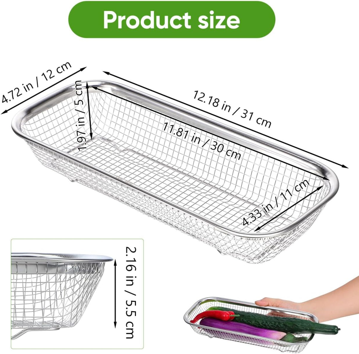 Drain Basket Thickened Fruit and Vegetable Basket for Kitchen Sink Stainless Steel Drain for Kitchen Quick Container and Storage Size S 12.20 X 4.72 X 2.16 in