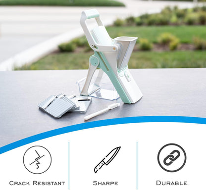 Safe Mandoline Slicer - 5 Interchangeable Blades, Dishwasher Safe, Easy Set-Up - White & Mint Green