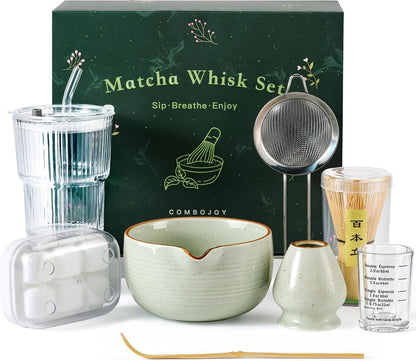 Matcha Whisk Set, Complete Matcha Kit with Bowl, Bamboo Whisk & Holder, Scoop, Sifter, Glass Cup with Lid & Straw, Ice Cube Tray – Matcha Gift Set for Matcha Lovers