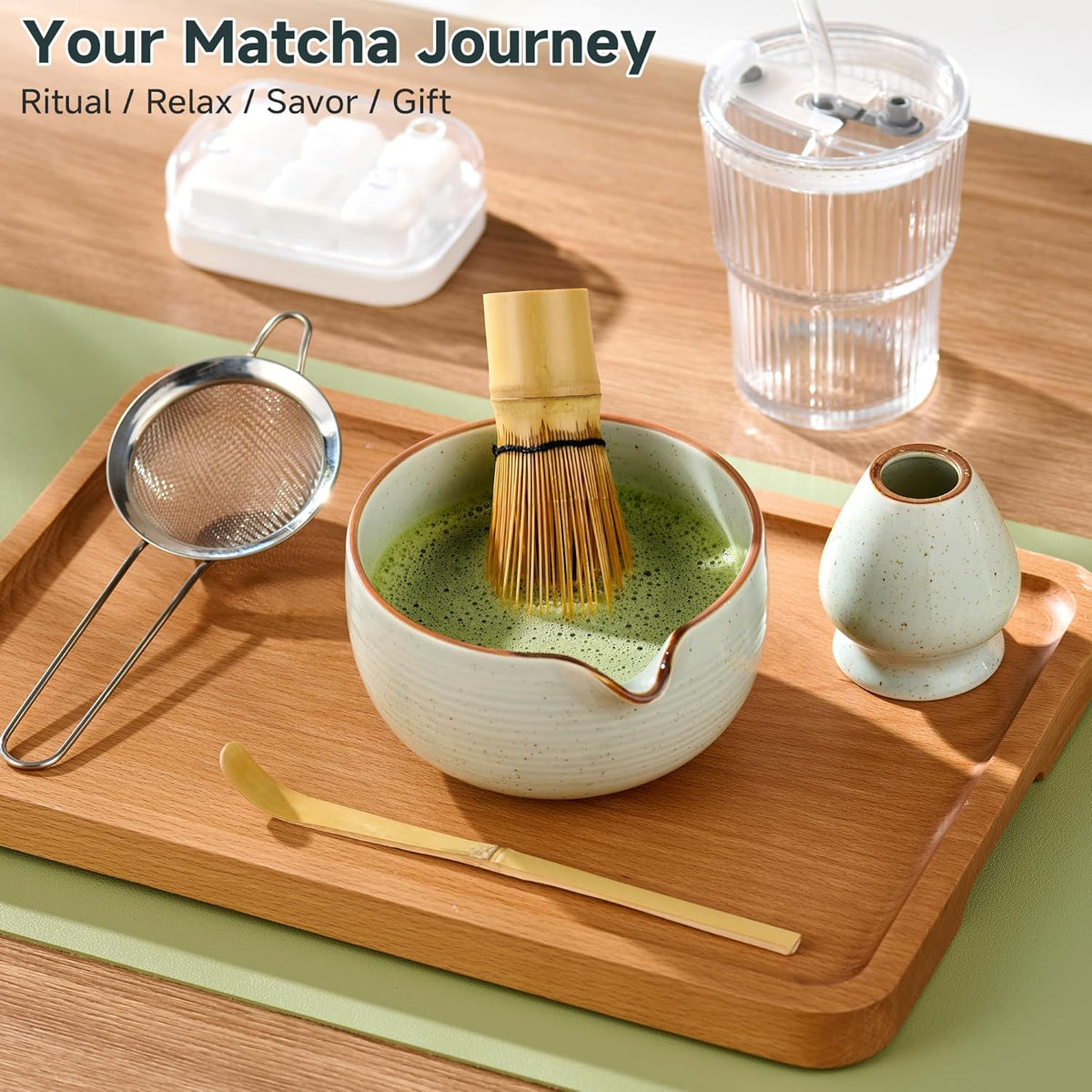Matcha Whisk Set, Complete Matcha Kit with Bowl, Bamboo Whisk & Holder, Scoop, Sifter, Glass Cup with Lid & Straw, Ice Cube Tray – Matcha Gift Set for Matcha Lovers