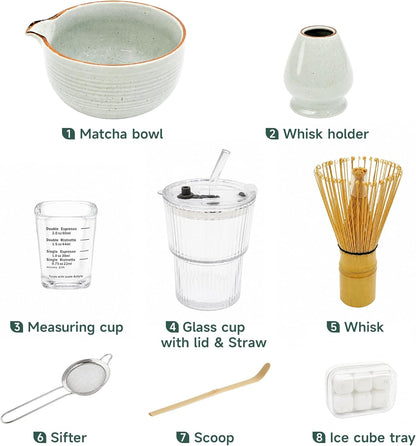 Matcha Whisk Set, Complete Matcha Kit with Bowl, Bamboo Whisk & Holder, Scoop, Sifter, Glass Cup with Lid & Straw, Ice Cube Tray – Matcha Gift Set for Matcha Lovers