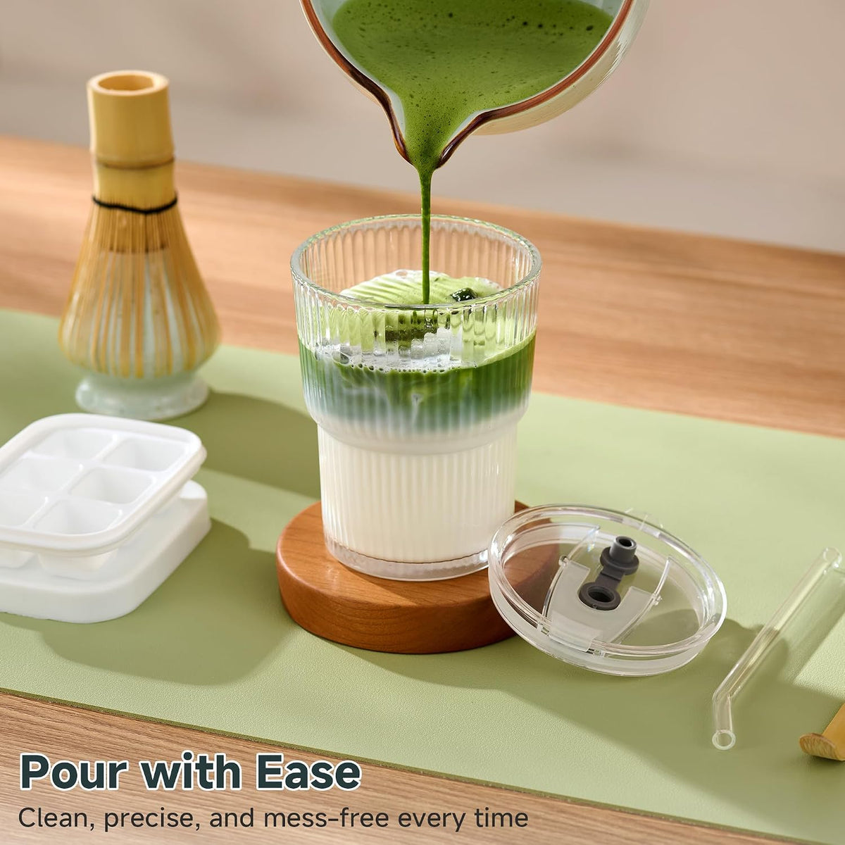 Matcha Whisk Set, Complete Matcha Kit with Bowl, Bamboo Whisk & Holder, Scoop, Sifter, Glass Cup with Lid & Straw, Ice Cube Tray – Matcha Gift Set for Matcha Lovers