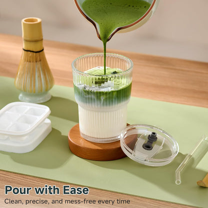 Matcha Whisk Set, Complete Matcha Kit with Bowl, Bamboo Whisk & Holder, Scoop, Sifter, Glass Cup with Lid & Straw, Ice Cube Tray – Matcha Gift Set for Matcha Lovers