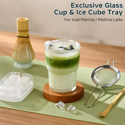 Matcha Whisk Set, Complete Matcha Kit with Bowl, Bamboo Whisk & Holder, Scoop, Sifter, Glass Cup with Lid & Straw, Ice Cube Tray – Matcha Gift Set for Matcha Lovers