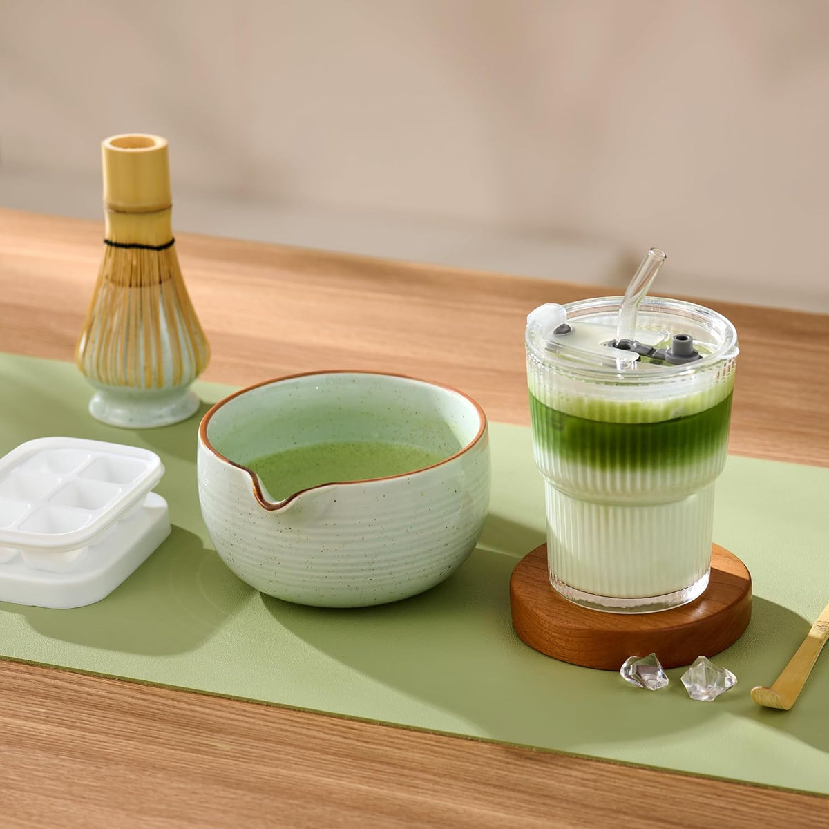 Matcha Whisk Set, Complete Matcha Kit with Bowl, Bamboo Whisk & Holder, Scoop, Sifter, Glass Cup with Lid & Straw, Ice Cube Tray – Matcha Gift Set for Matcha Lovers