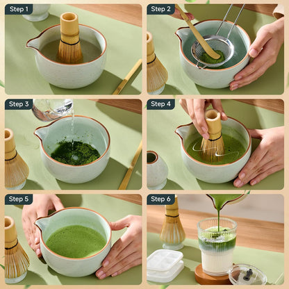 Matcha Whisk Set, Complete Matcha Kit with Bowl, Bamboo Whisk & Holder, Scoop, Sifter, Glass Cup with Lid & Straw, Ice Cube Tray – Matcha Gift Set for Matcha Lovers