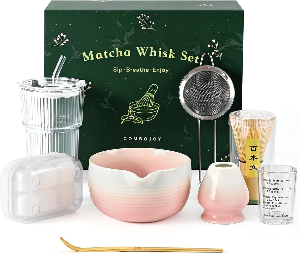 Matcha Whisk Set, Complete Matcha Kit with Bowl, Bamboo Whisk & Holder, Scoop, Sifter, Glass Cup with Lid & Straw, Ice Cube Tray – Matcha Gift Set for Matcha Lovers