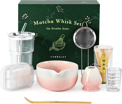 Matcha Whisk Set, Complete Matcha Kit with Bowl, Bamboo Whisk & Holder, Scoop, Sifter, Glass Cup with Lid & Straw, Ice Cube Tray – Matcha Gift Set for Matcha Lovers
