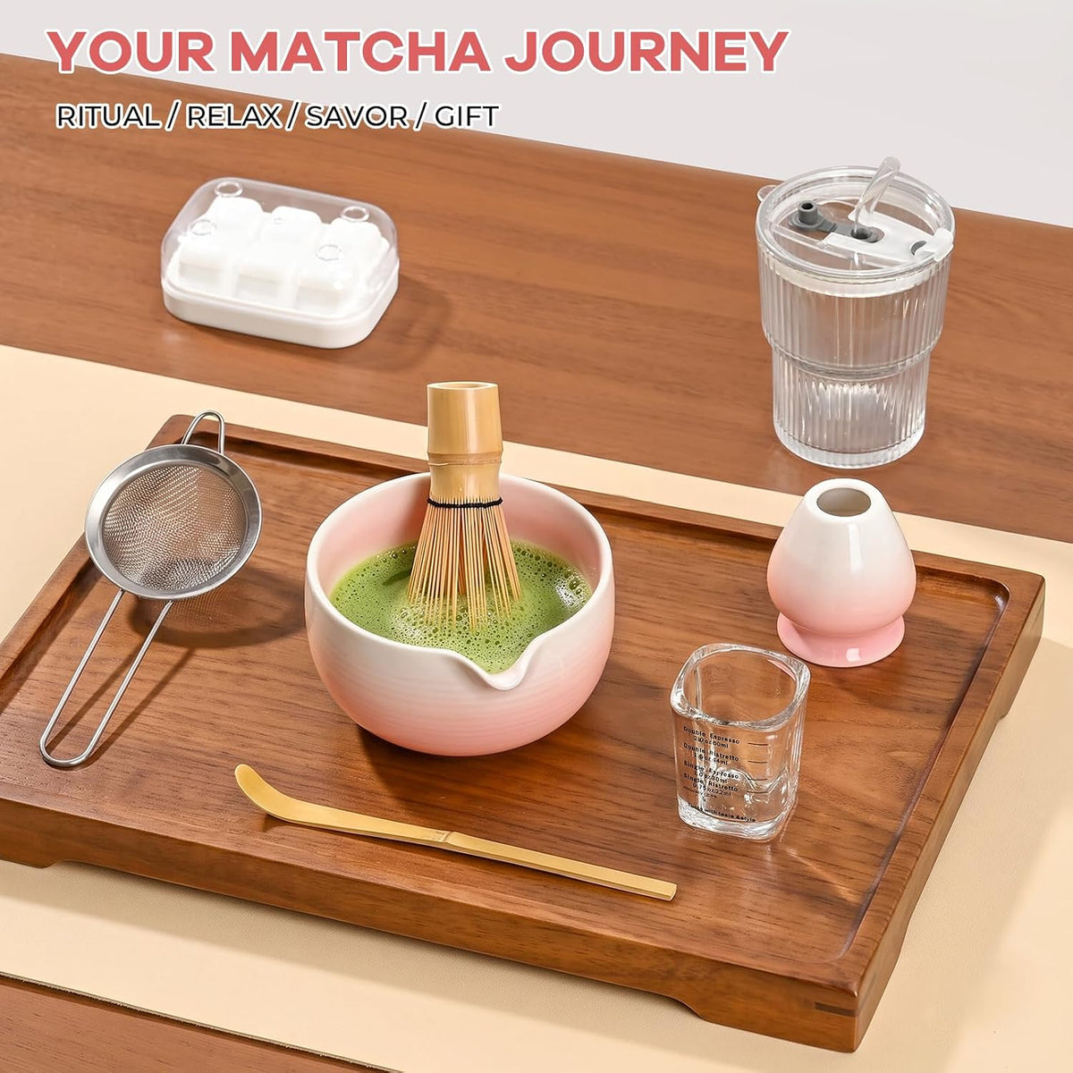 Matcha Whisk Set, Complete Matcha Kit with Bowl, Bamboo Whisk & Holder, Scoop, Sifter, Glass Cup with Lid & Straw, Ice Cube Tray – Matcha Gift Set for Matcha Lovers