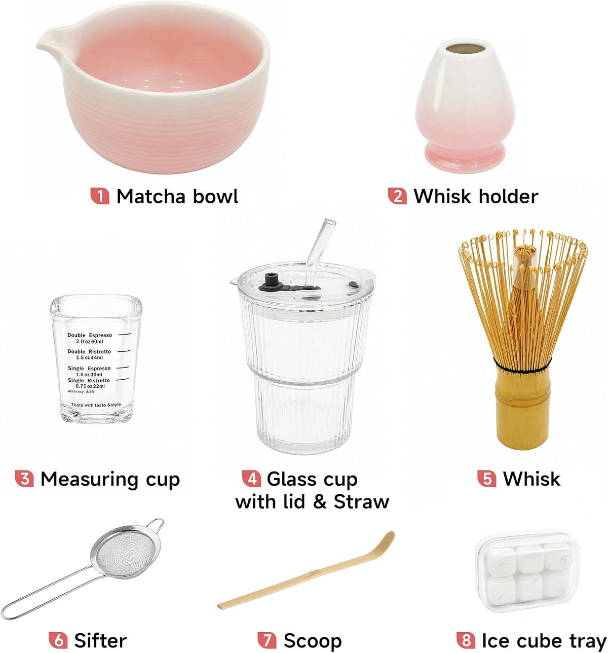 Matcha Whisk Set, Complete Matcha Kit with Bowl, Bamboo Whisk & Holder, Scoop, Sifter, Glass Cup with Lid & Straw, Ice Cube Tray – Matcha Gift Set for Matcha Lovers